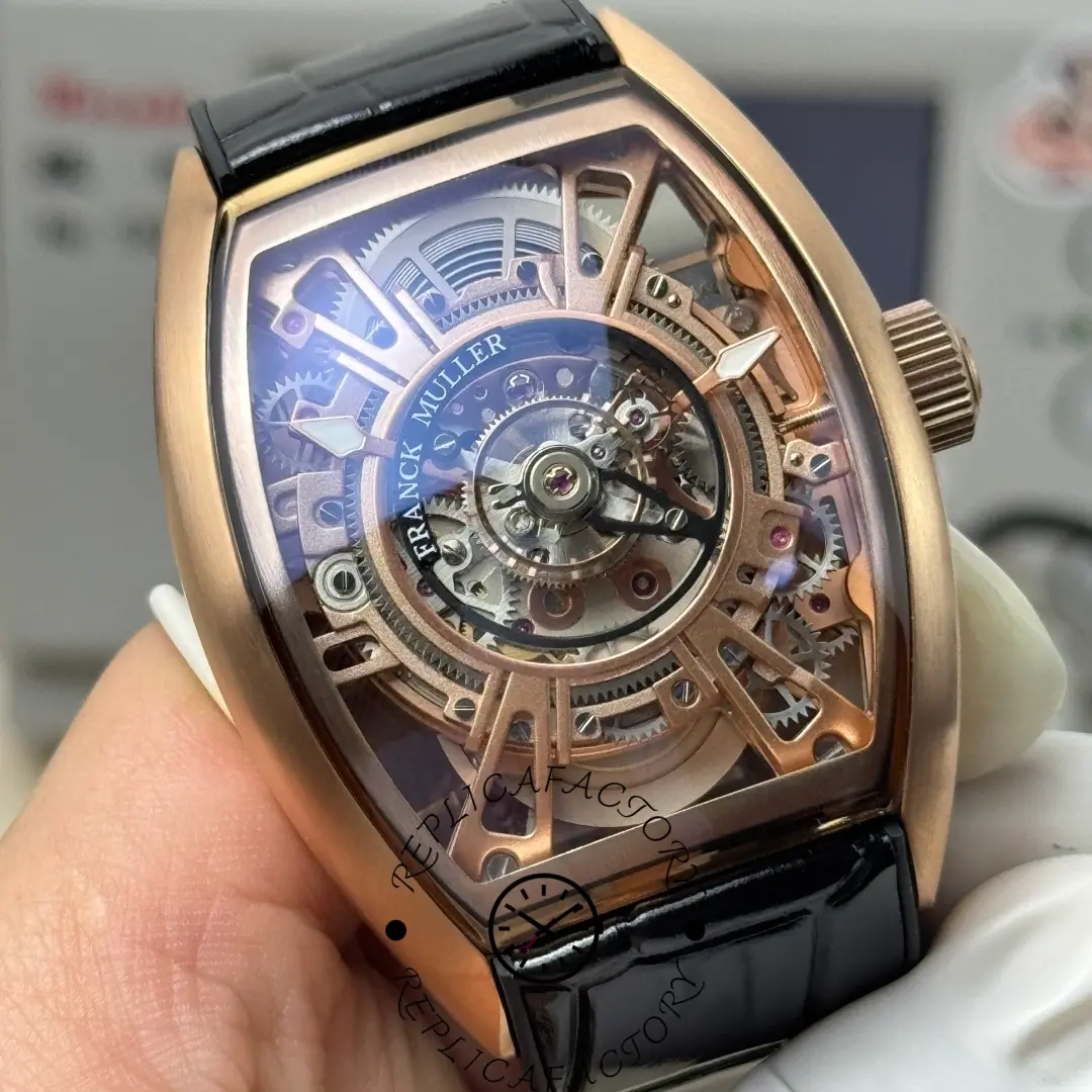 Detailed front close-up of Franck Muller V45 CX Tourbillon showing rose gold bridges and gears.