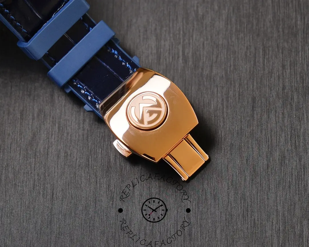 Clasp detail of Franck Muller V45 SC DT Yachting 1:1 clone with engraved logo on folding clasp.