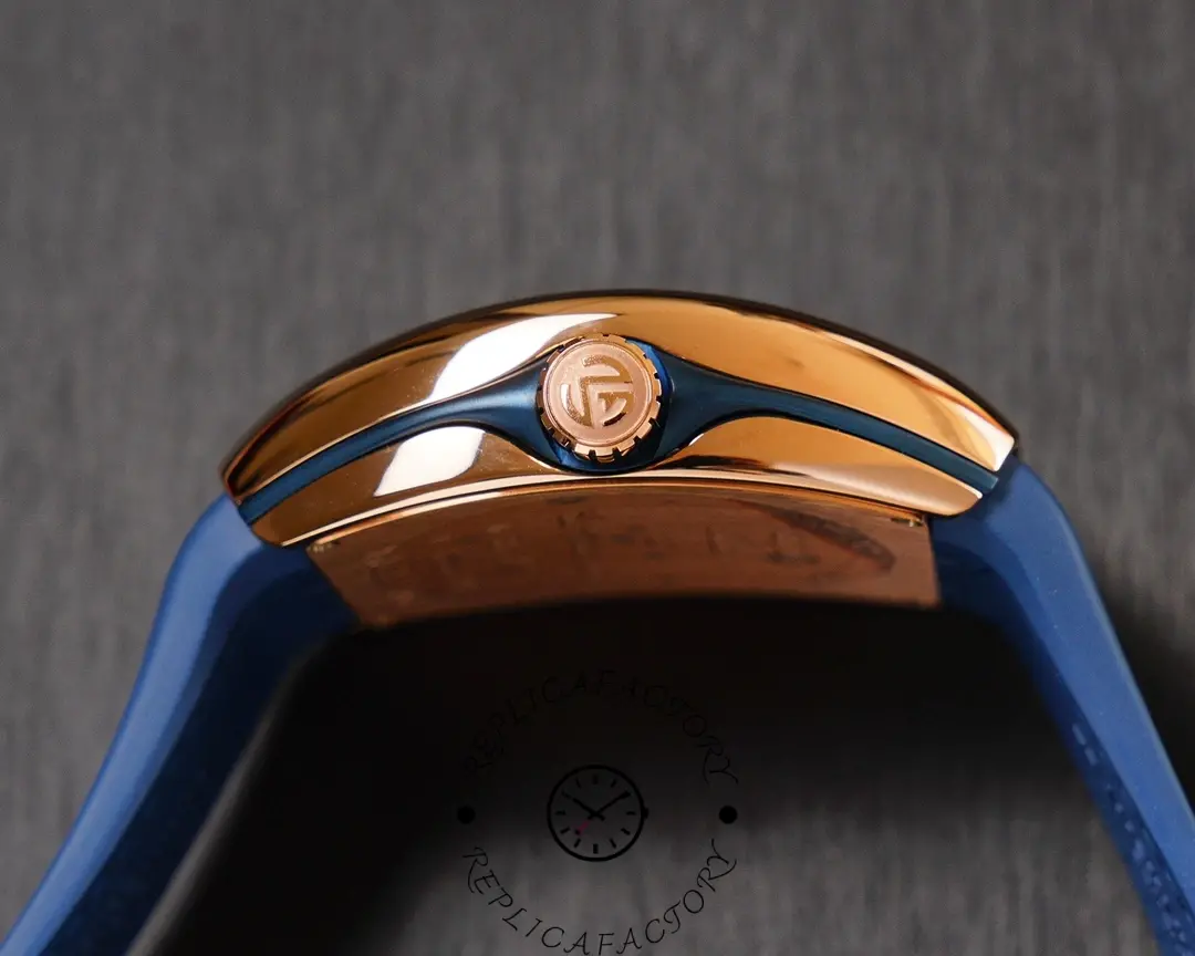 Side profile of Franck Muller V45 SC DT Yachting 1:1 clone showing polished rose gold case and crown.