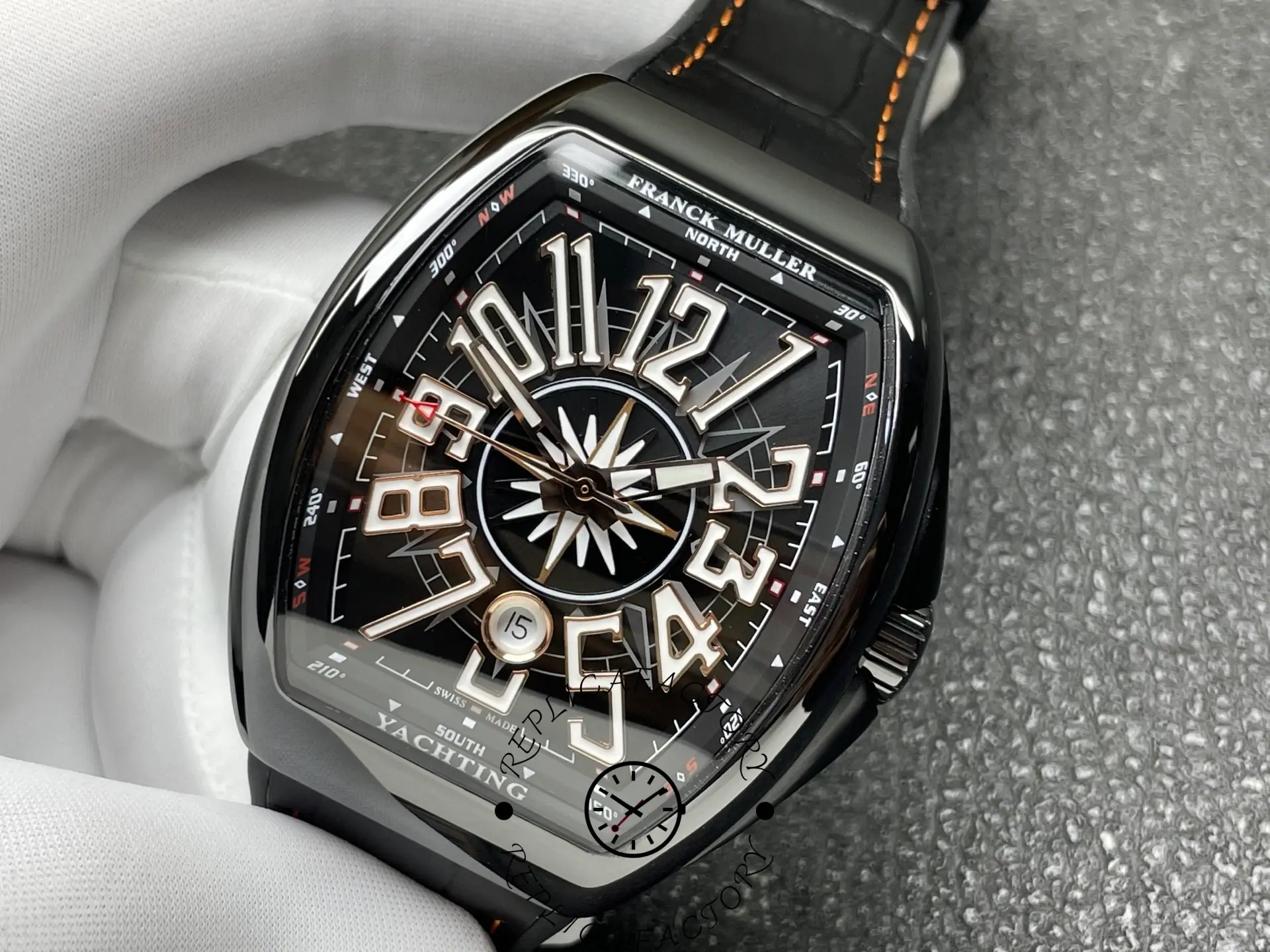 Side view of Franck Muller V 45 SC DT YACHT CR NR highlighting polished case curve and signed crown.