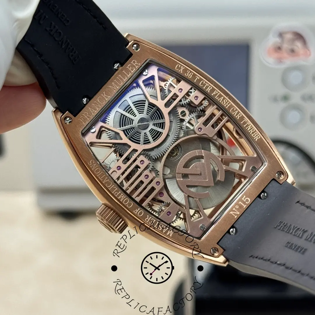Case back view of Franck Muller V45 CX Tourbillon with exhibition sapphire and engraved details.