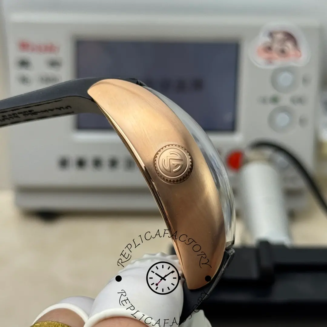 Side profile of Franck Muller V45 CX Tourbillon displaying curved rose gold case and signed crown.