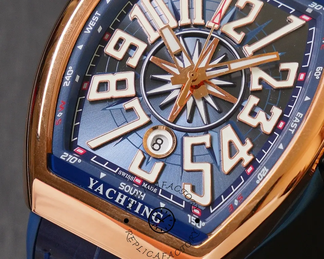 Close-up of Franck Muller V45 SC DT Yachting 1:1 clone dial showing oversized Arabic numerals and date window.