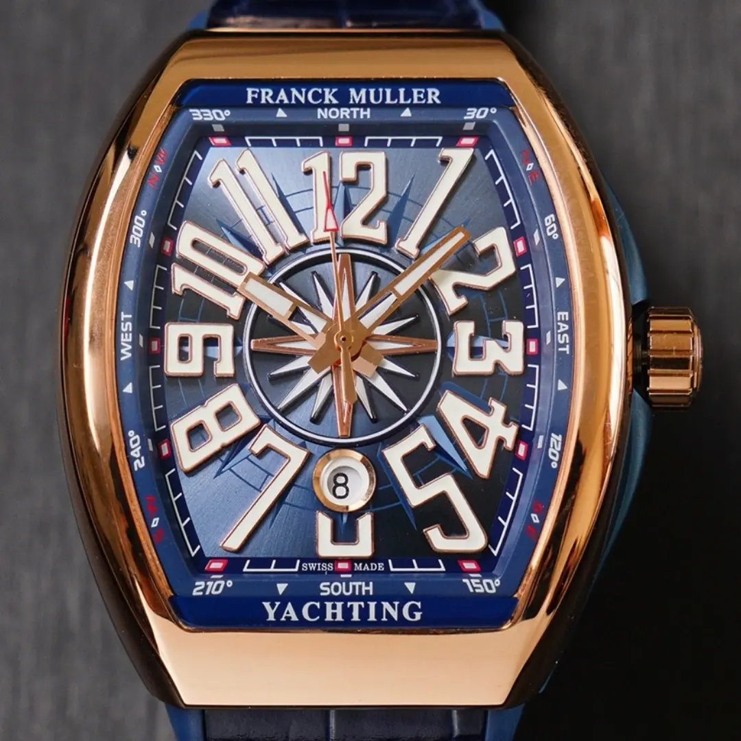 Front view of Franck Muller V45 SC DT Yachting 1:1 clone watch showing blue compass-style dial and rose gold case.