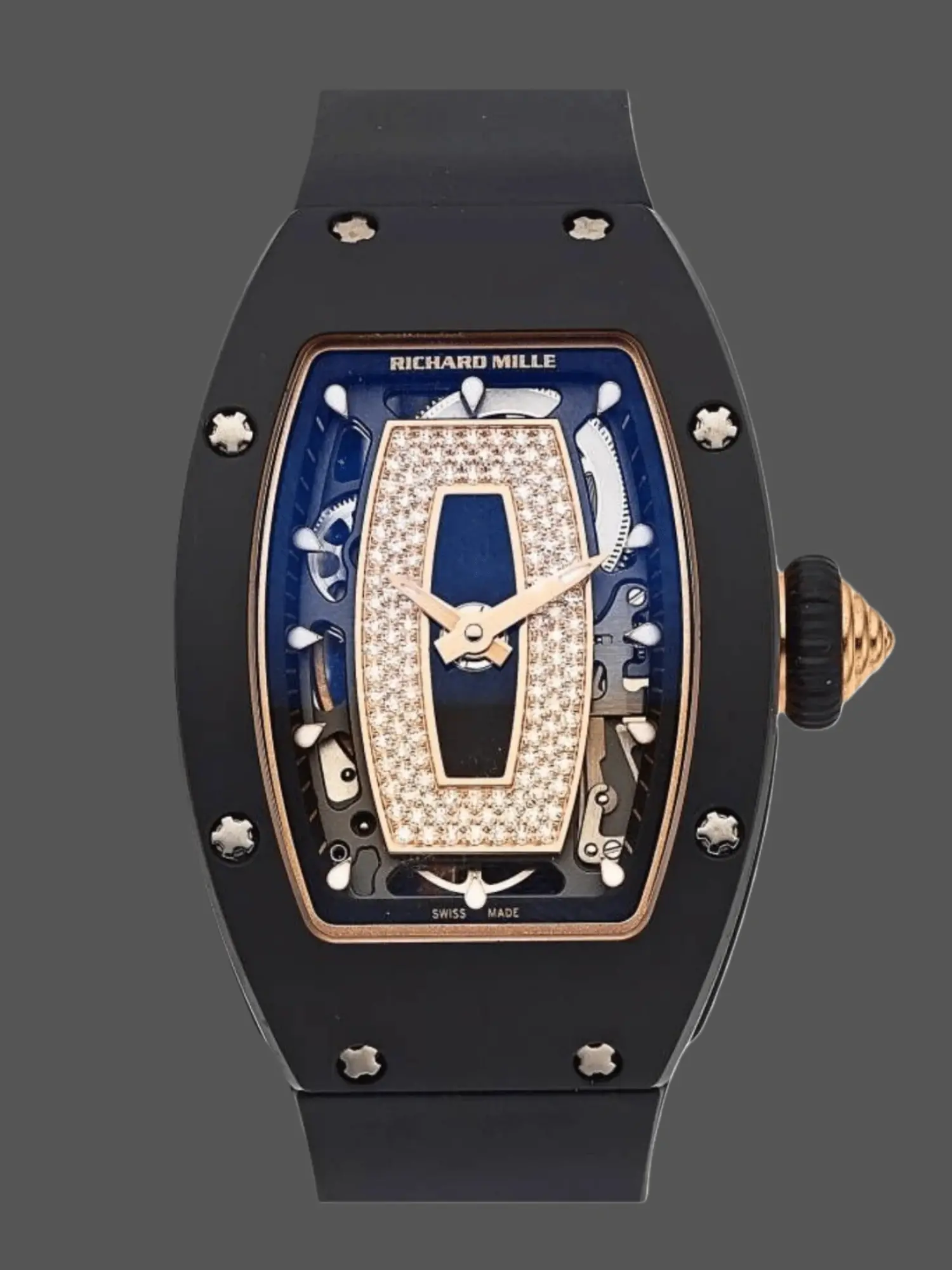 Front view of Richard Mille RM 07-01 showing diamond-set dial and black ceramic tonneau case.