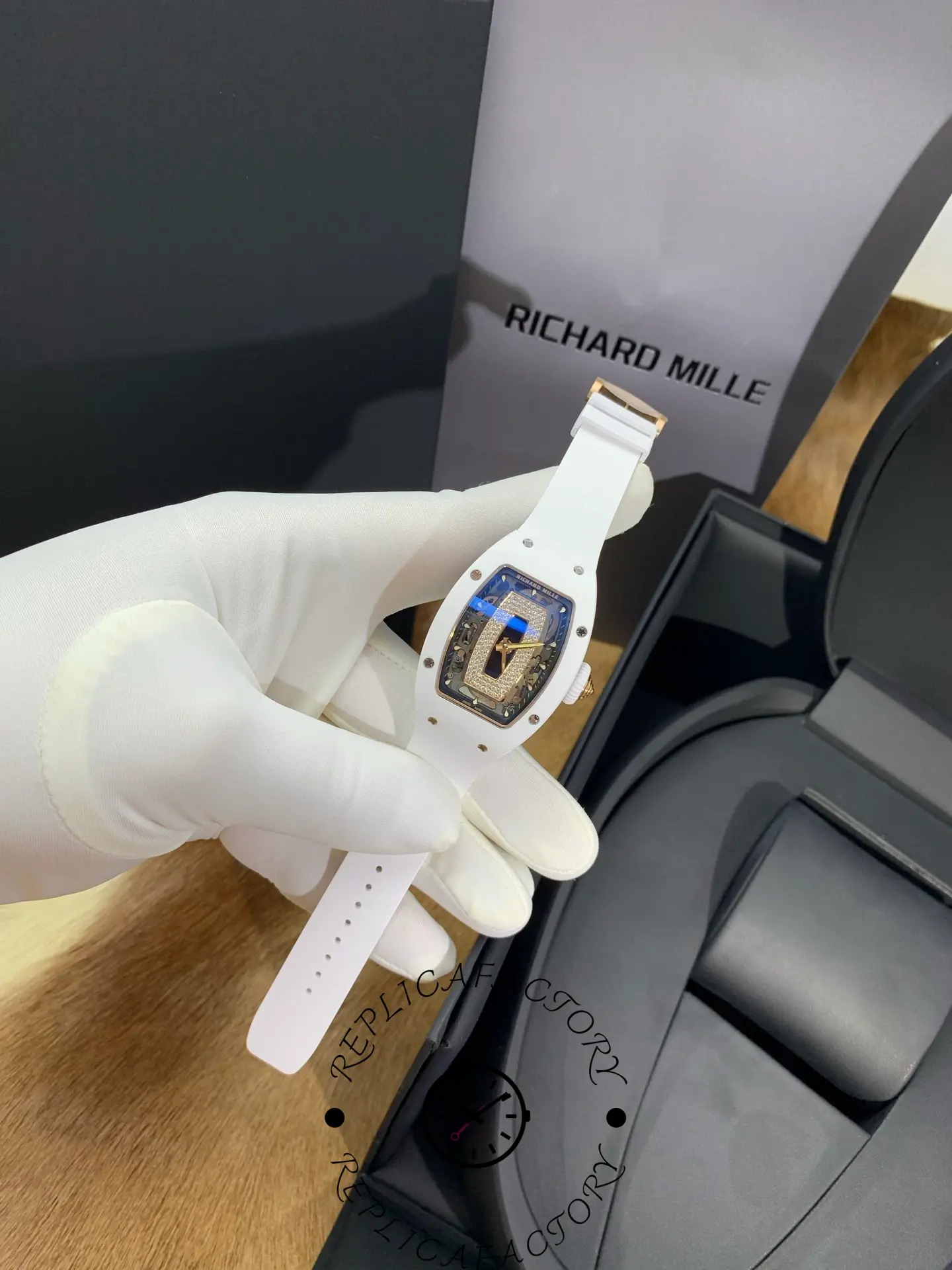 Hand-held view of Richard Mille RM 07-01 showing case proportions and strap design.