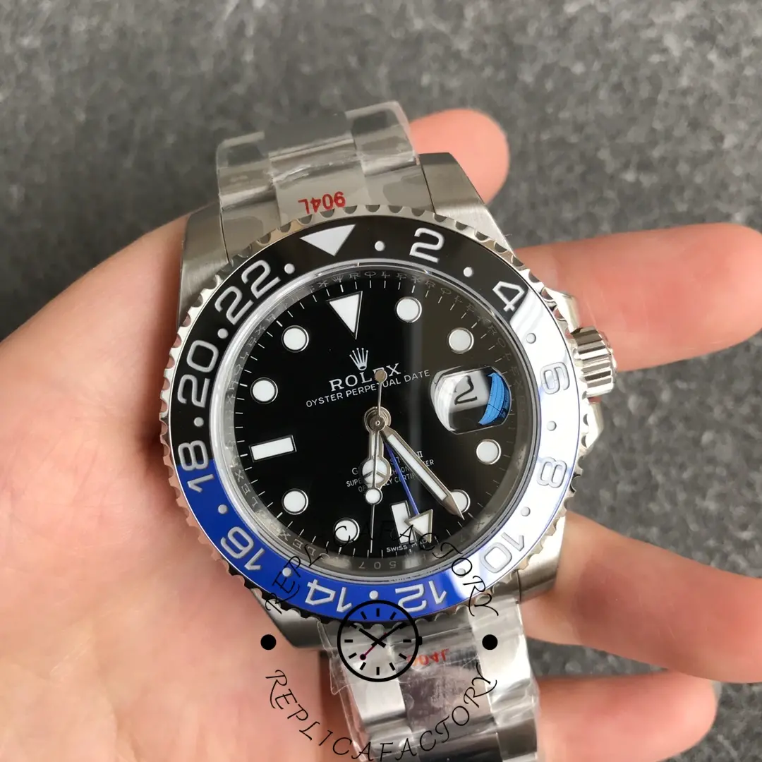 Angled front view of Rolex GMT-Master II 116710BLNR highlighting ceramic bezel and luminous markers.