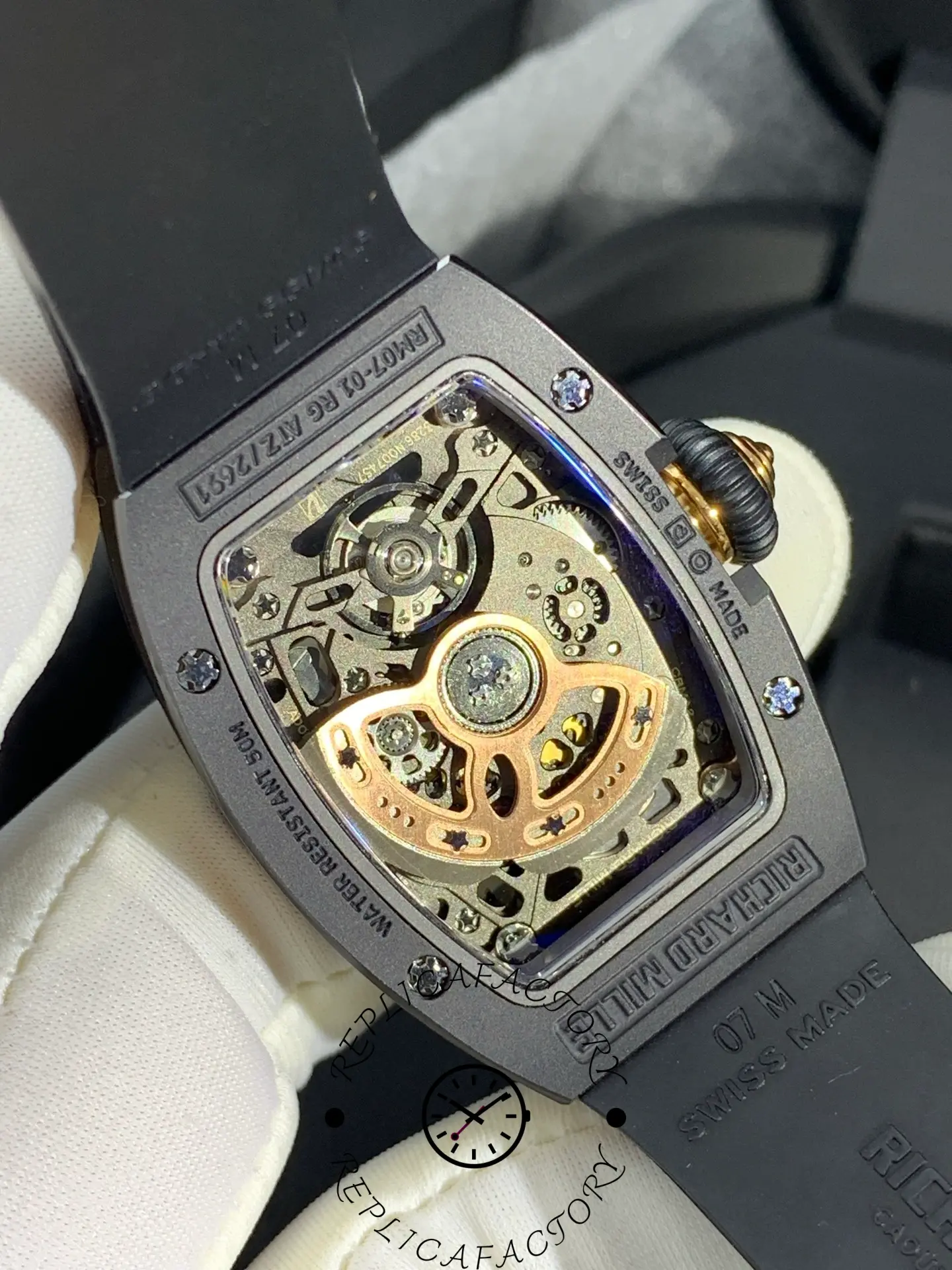 Rear view of Richard Mille RM 07-01 showing exhibition case back and automatic rotor.