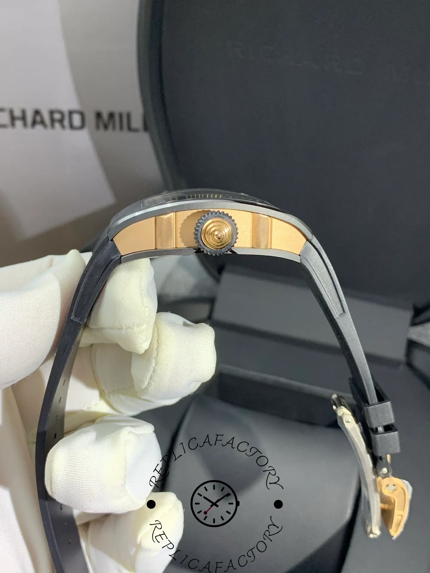 Crown-side profile of Richard Mille RM 07-01 with rose gold crown details.