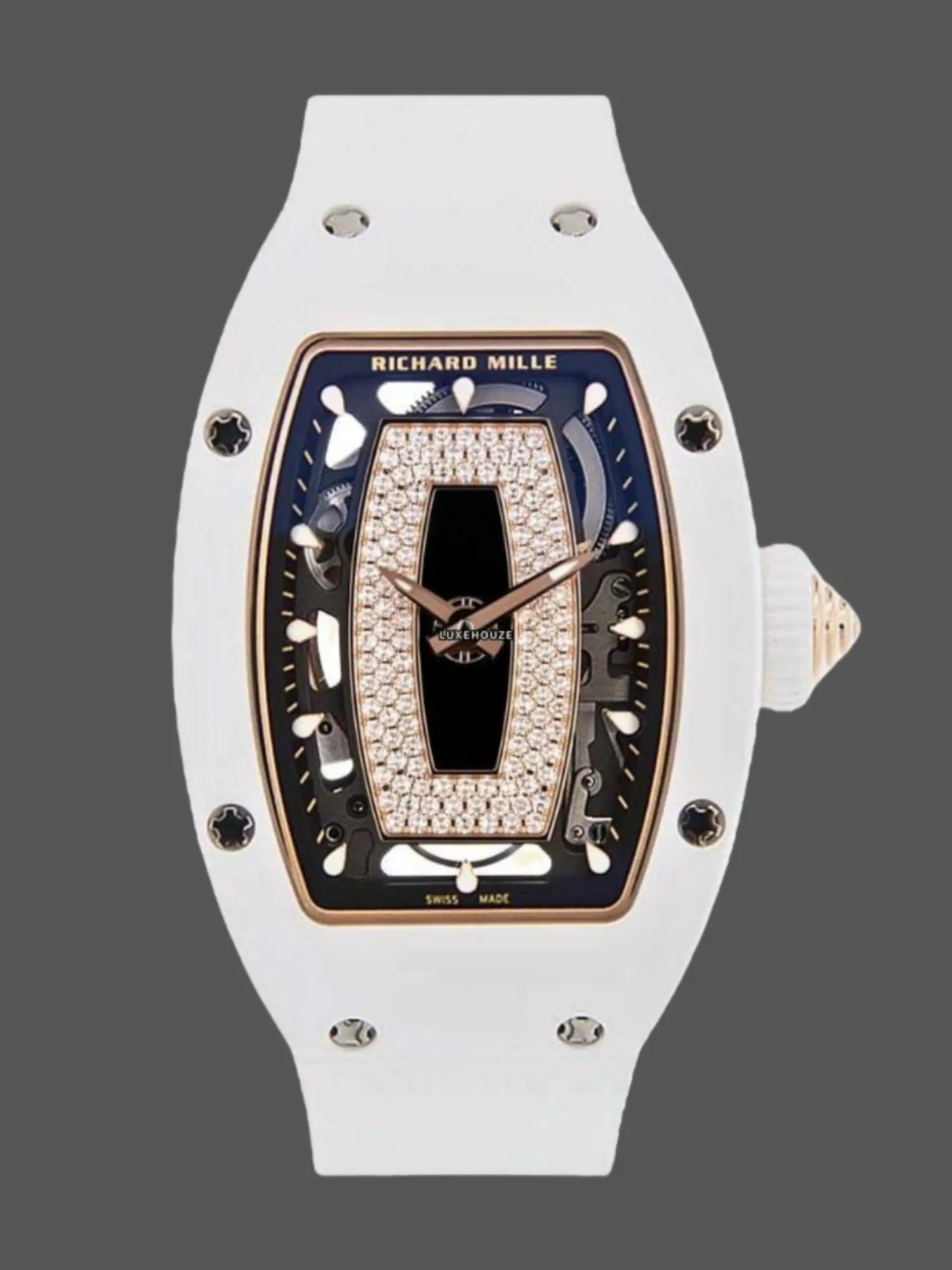 Front view of Richard Mille RM 07-01 showing white ceramic case and diamond-set skeleton dial.