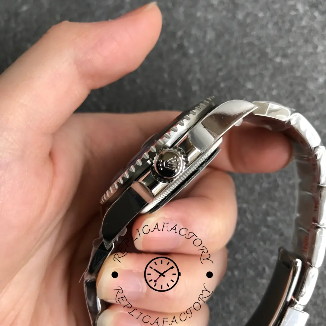 Side profile of Rolex GMT-Master II 116710BLNR showing polished case and screw-down crown.