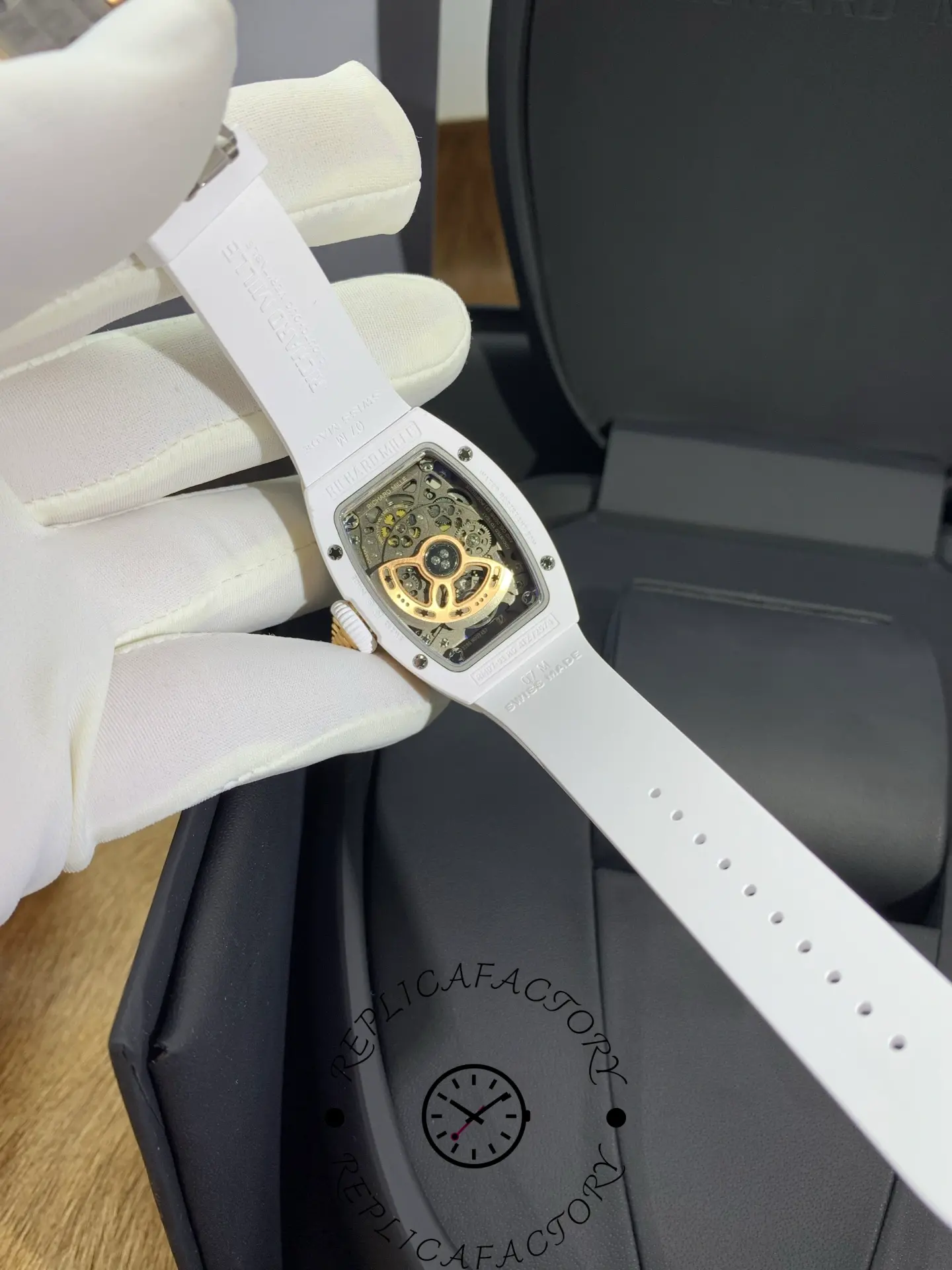 Rear angle view of Richard Mille RM 07-01 showing transparent case back and strap.