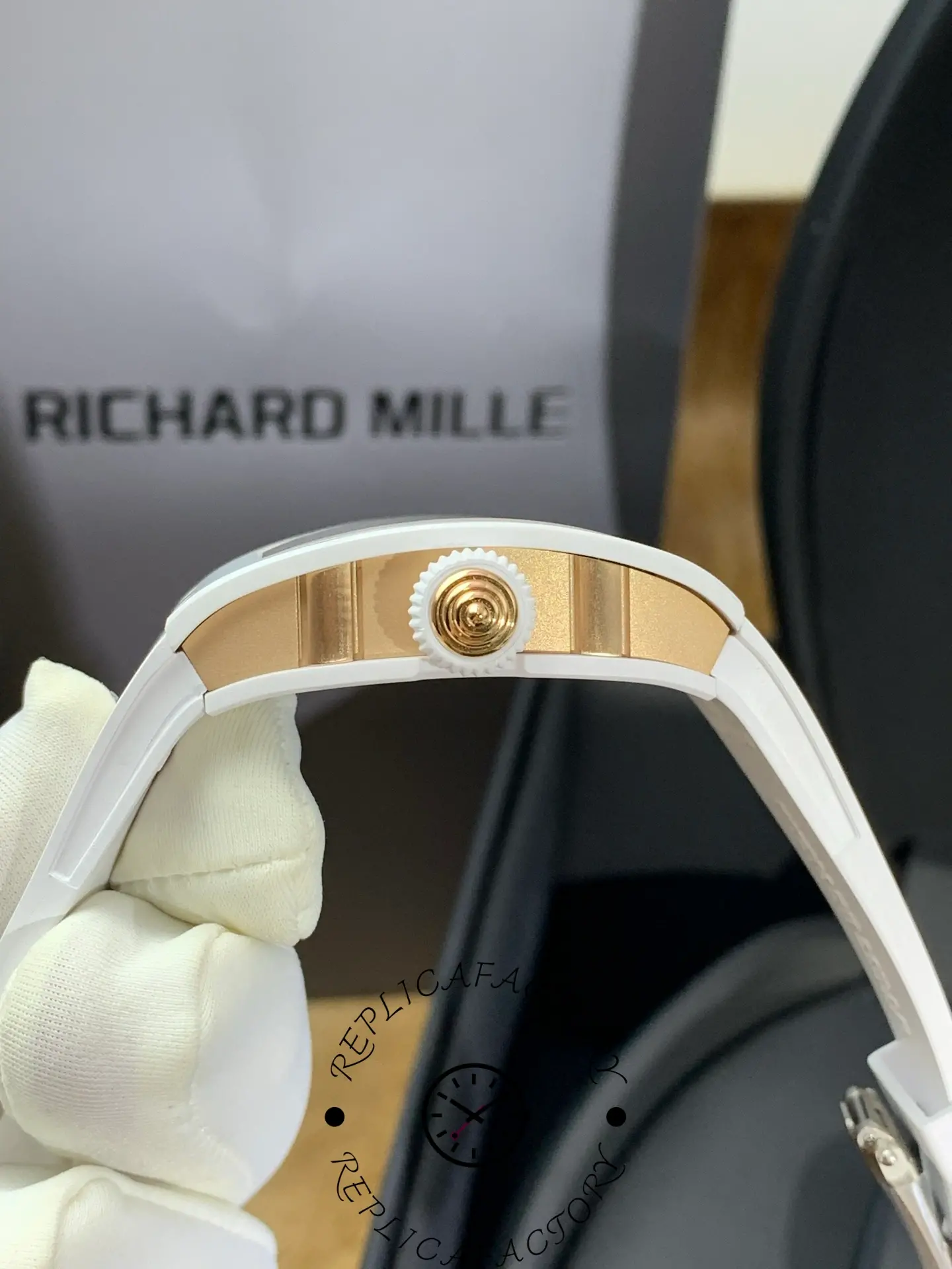 Side profile of Richard Mille RM 07-01 showing ceramic case and crown structure.