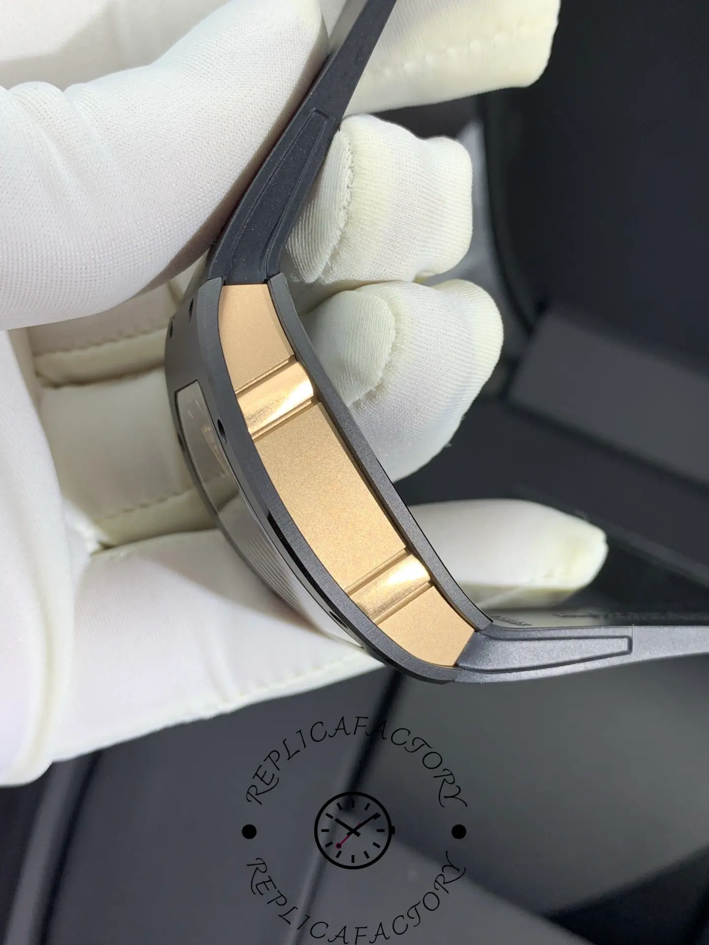 Side profile of Richard Mille RM 07-01 highlighting curved case design and rose gold mid-case detail.