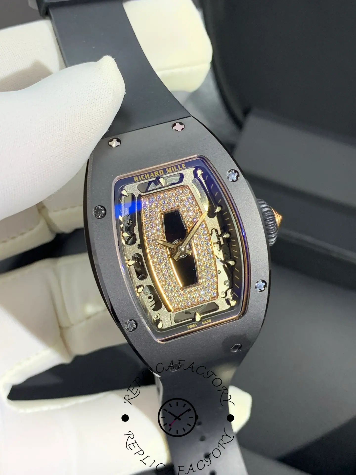 Close-up of Richard Mille RM 07-01 dial showing diamond-set central plate details.
