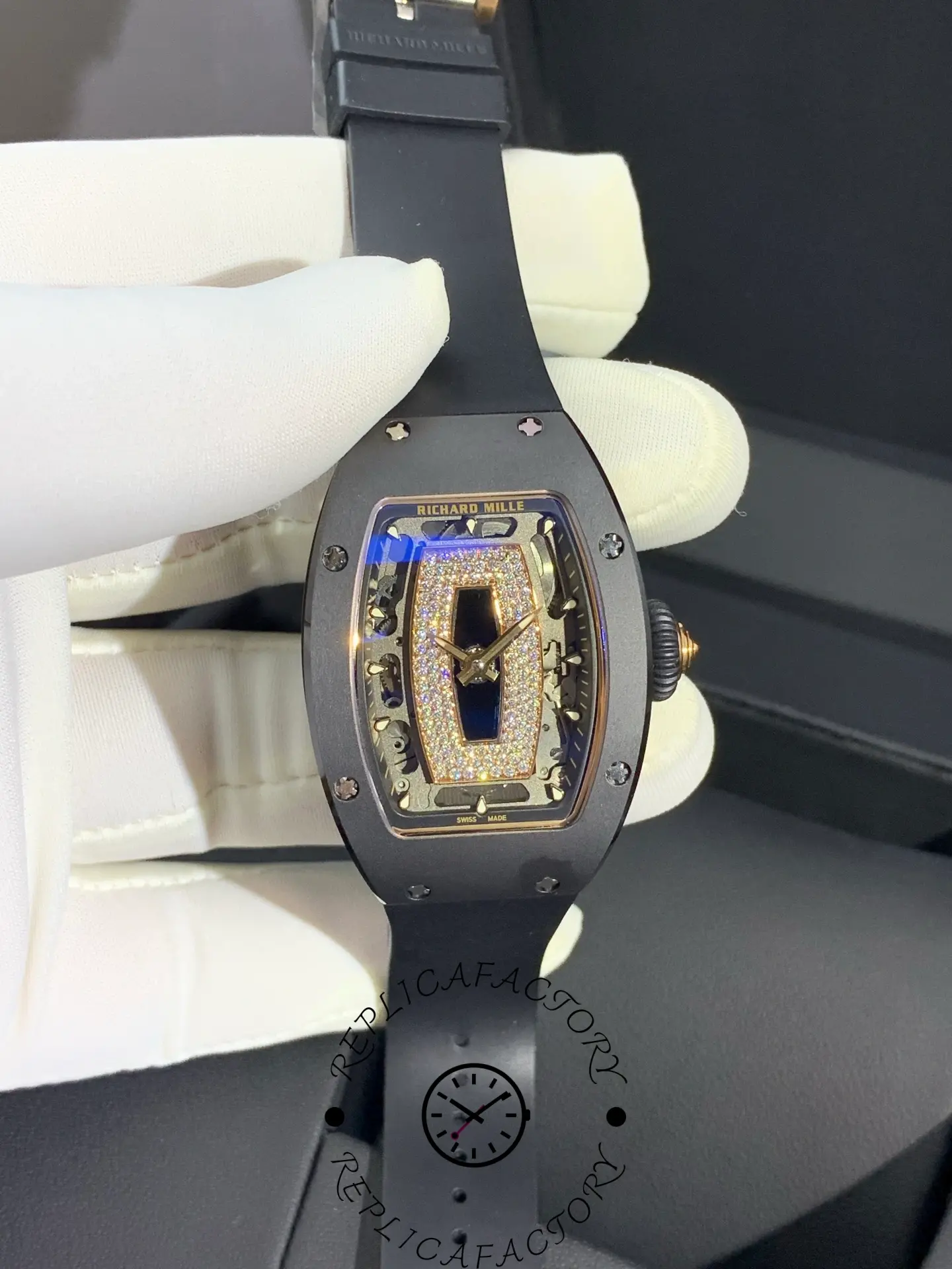 Angled front view of Richard Mille RM 07-01 highlighting skeleton dial and rose gold hands.