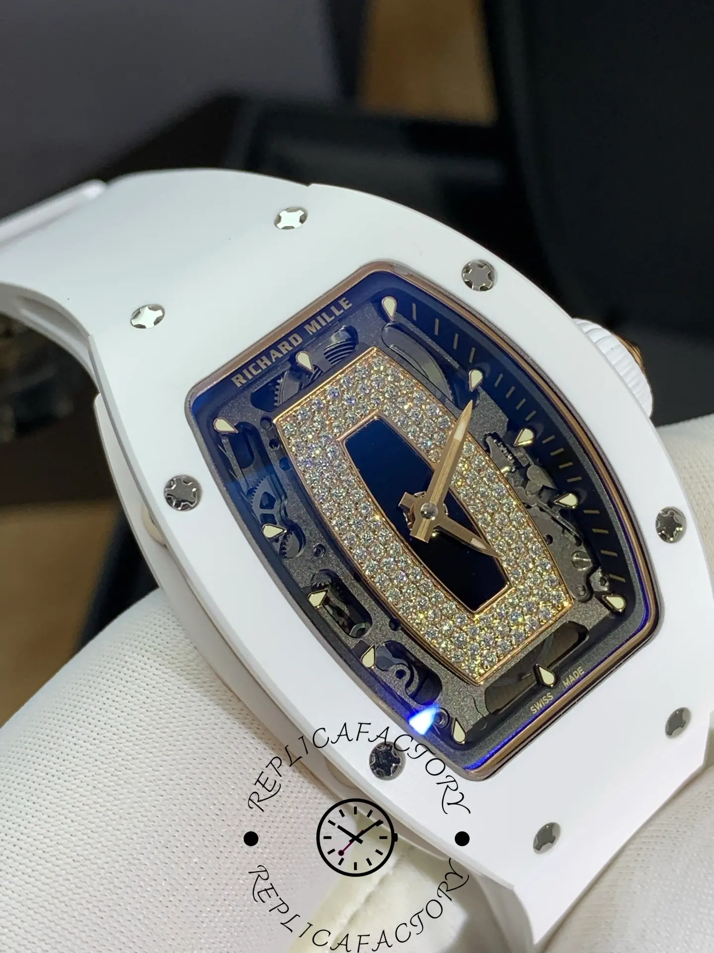 Angled view of Richard Mille RM 07-01 highlighting the diamond frame and skeleton dial details.