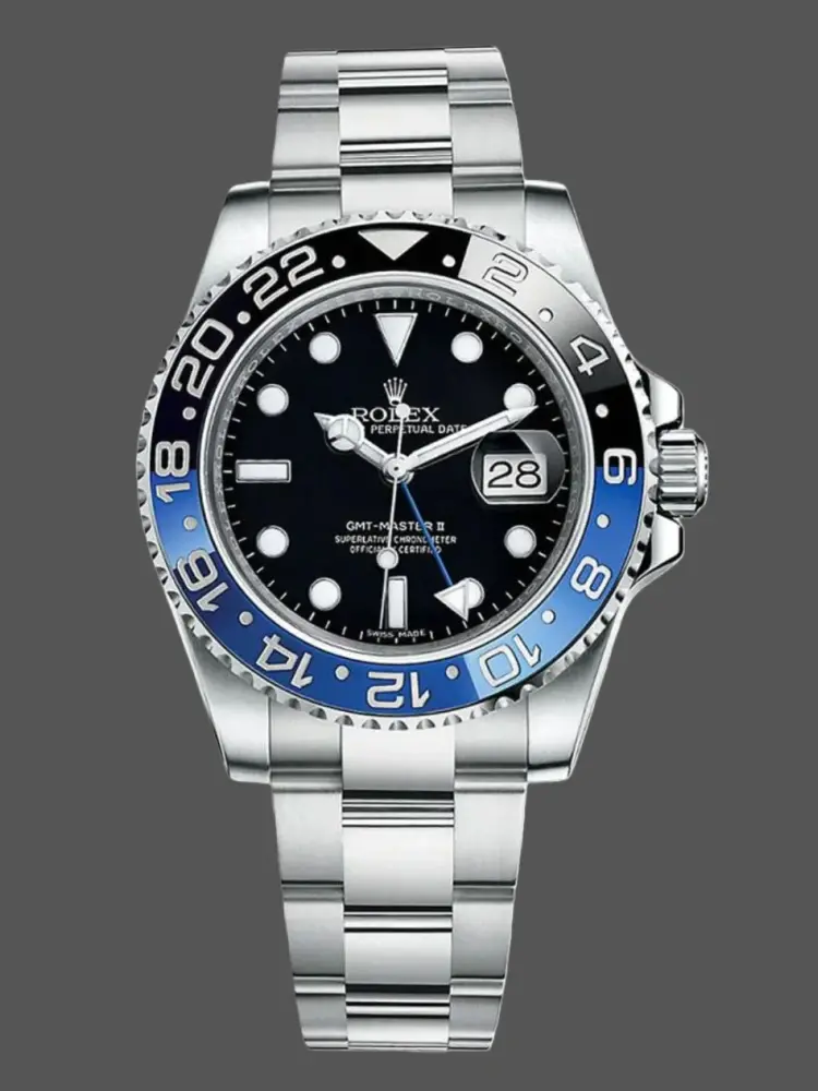 Front view of Rolex GMT-Master II 116710BLNR showing black dial, blue-black ceramic bezel, Oyster bracelet.
