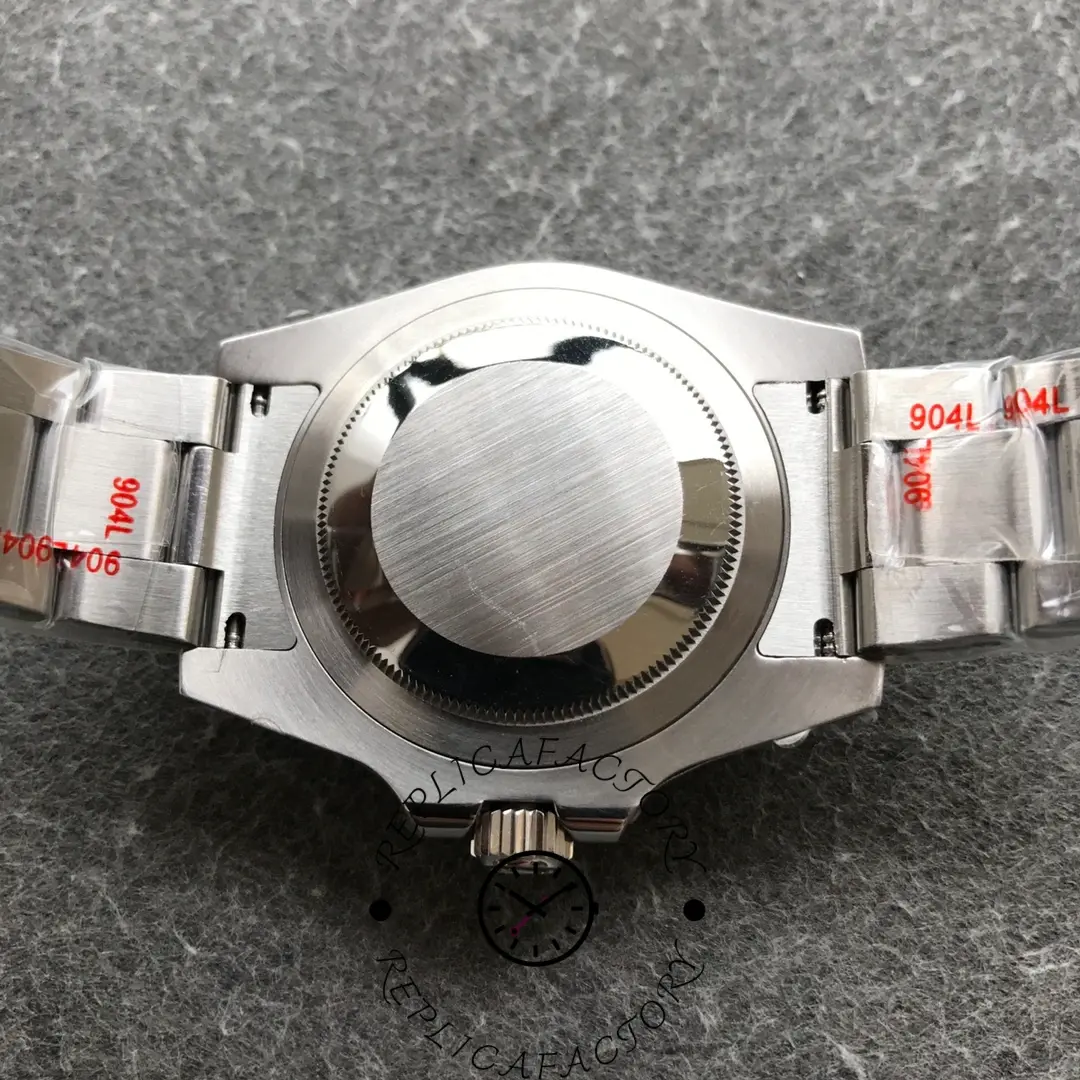 Back view of Rolex GMT-Master II 116710BLNR showing solid stainless steel case back.