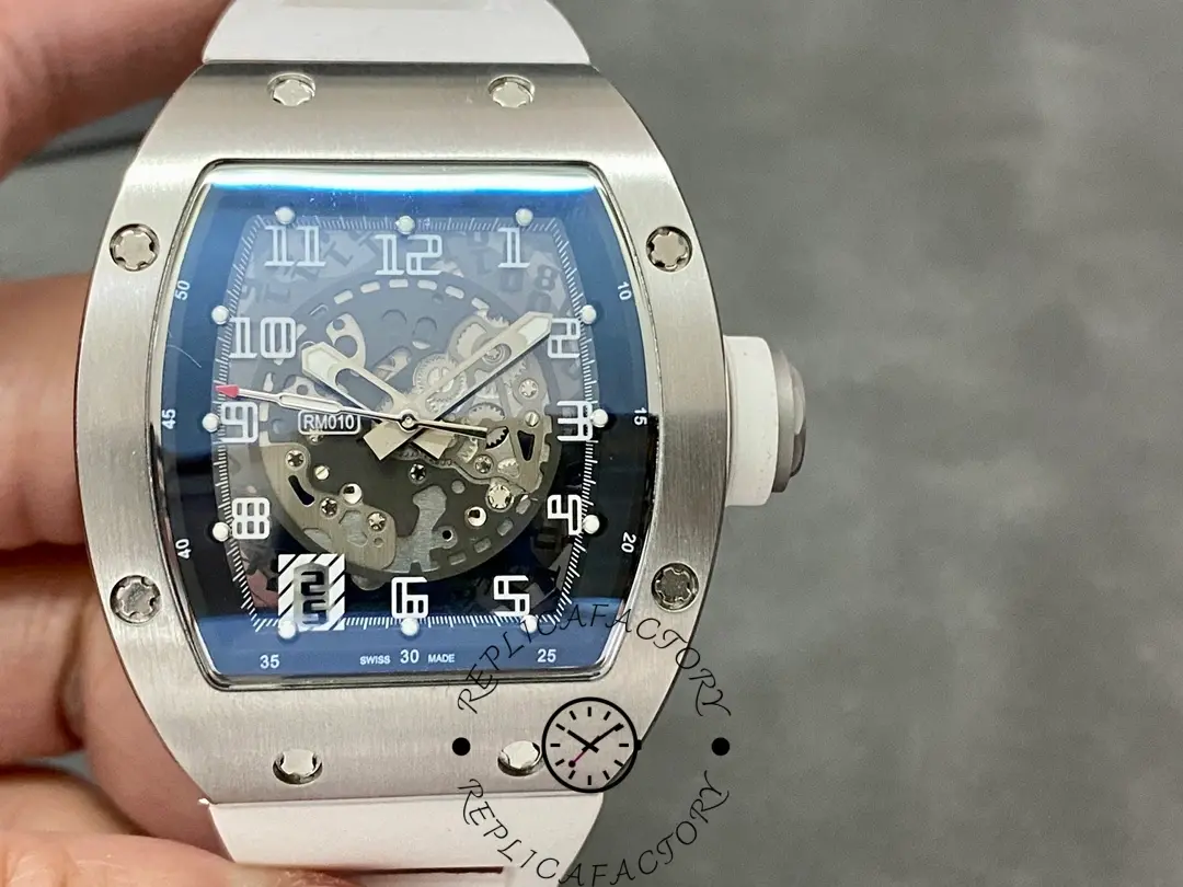Straight-on view of Richard Mille RM010 1:1 clone highlighting skeleton dial symmetry.