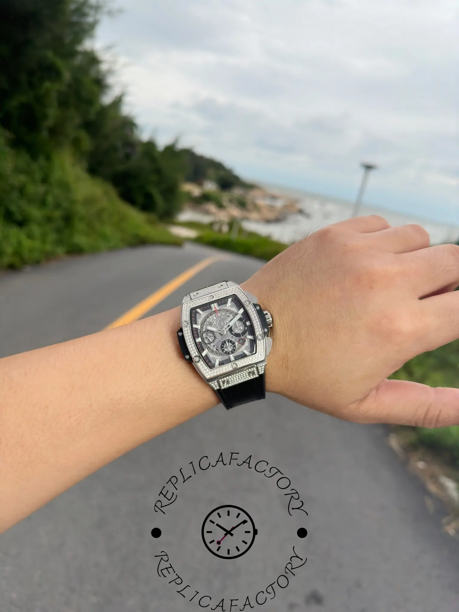 Distant wrist shot of Hublot Spirit of Big Bang 601.NX.0173.LR.1704 showing watch presence on the wrist.