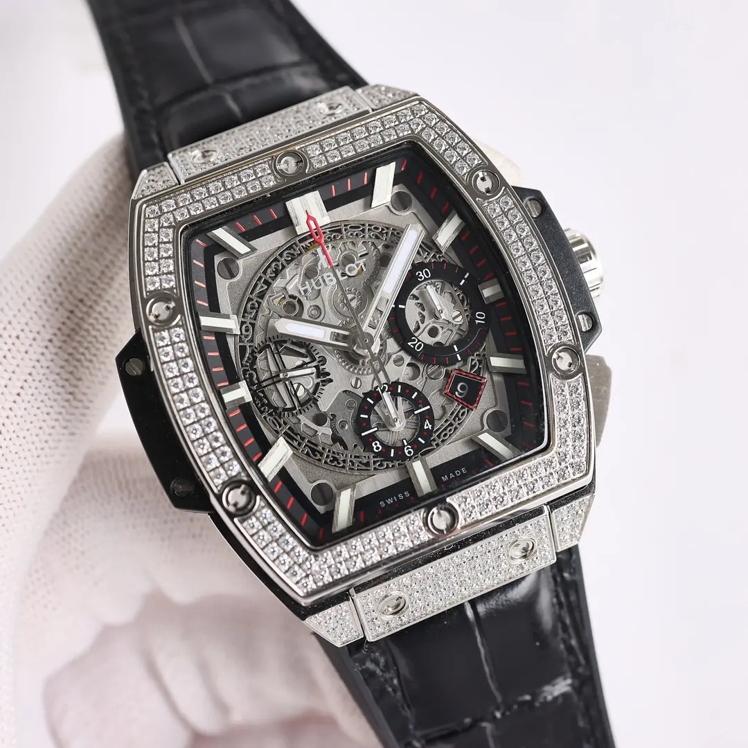 Studio front view of Hublot Spirit of Big Bang 601.NX.0173.LR.1704 showing skeleton dial and diamond-set tonneau bezel.