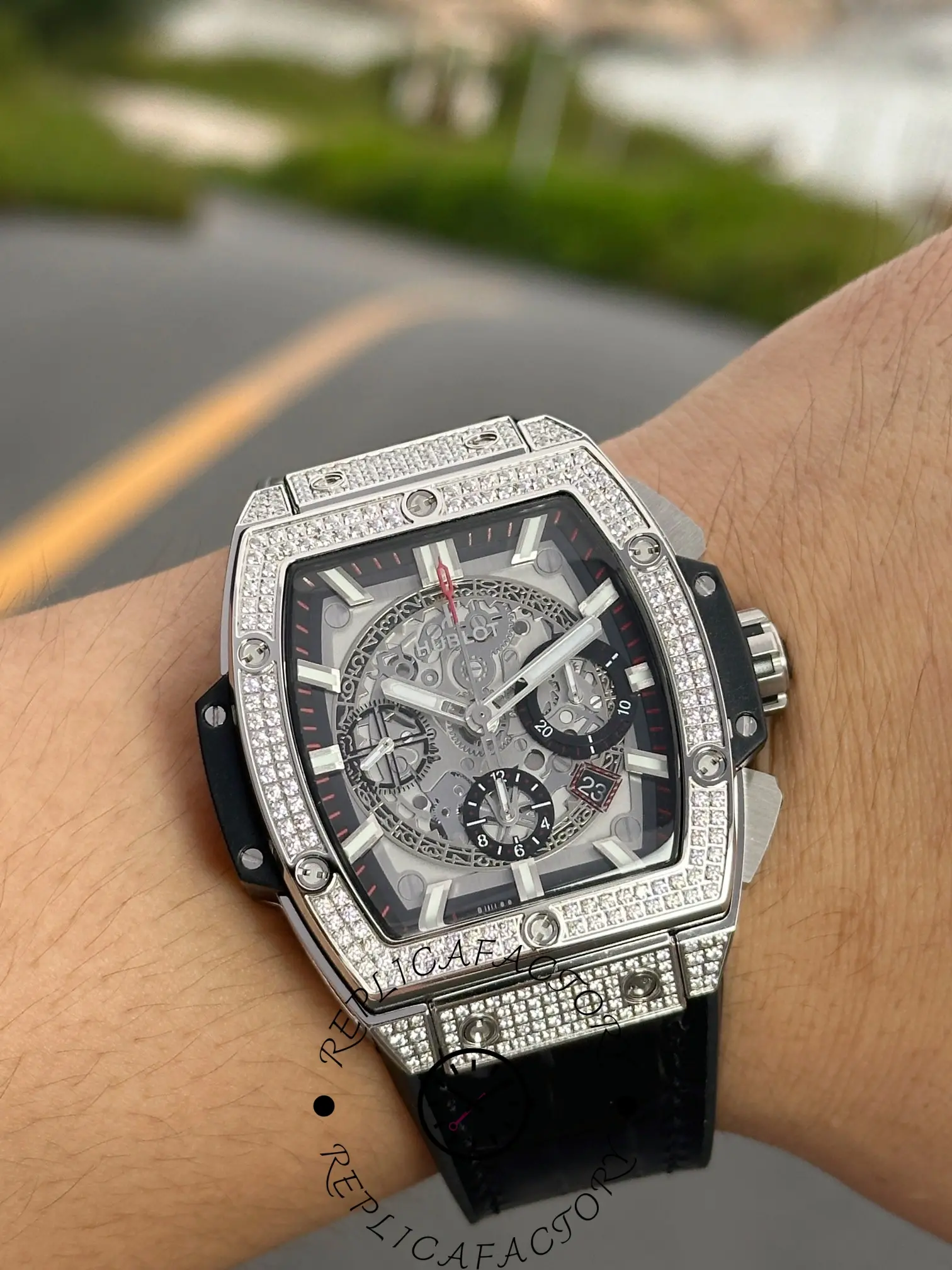 On-wrist view of Hublot Spirit of Big Bang 601.NX.0173.LR.1704 showing overall fit and case proportions.