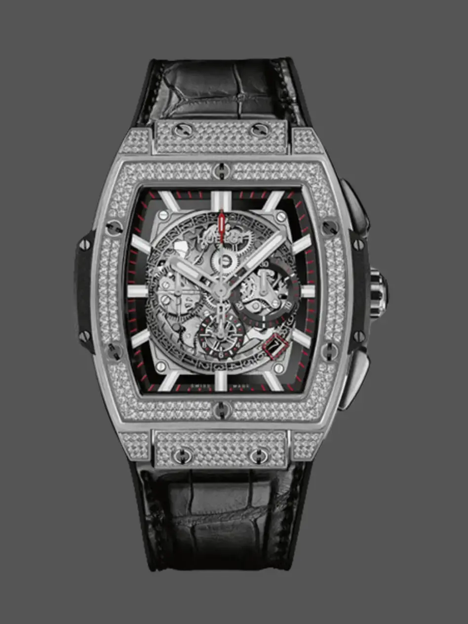Front view of Hublot Spirit of Big Bang 601.NX.0173.LR.1704 showing skeleton dial and diamond-set tonneau bezel.