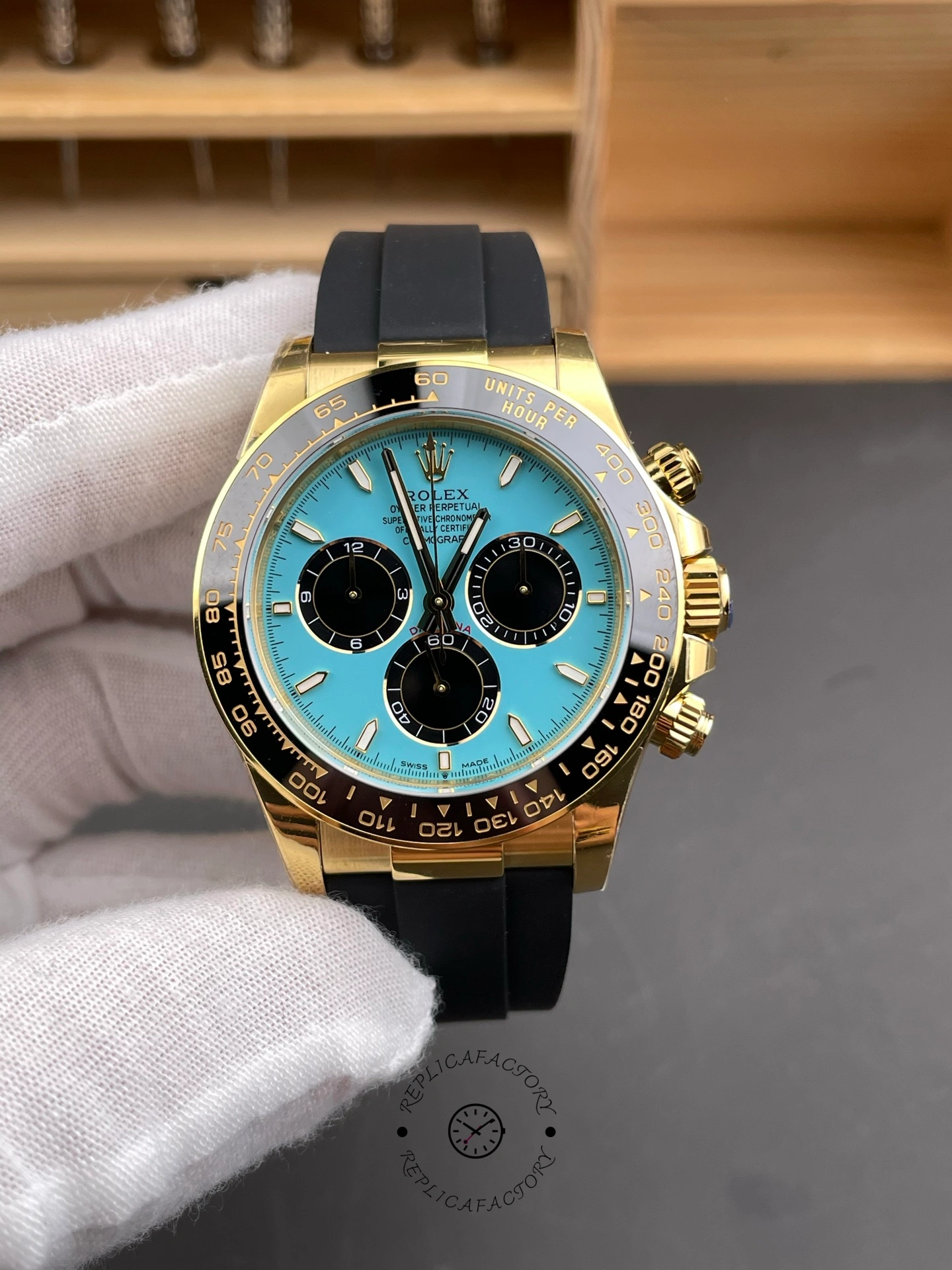 Rolex Daytona 126518LN 0014, front view showing turquoise dial and chronograph subdials.