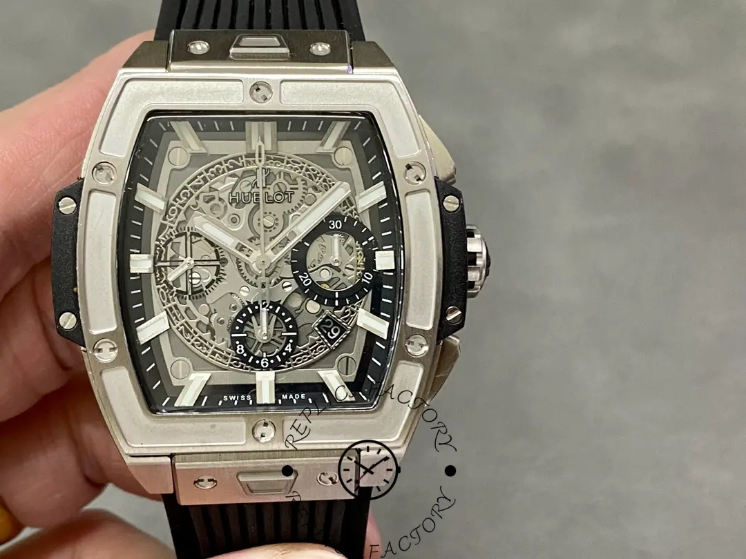 Handheld front view of Hublot Spirit of Big Bang 642.NX.0170.RX highlighting skeleton chronograph layout.