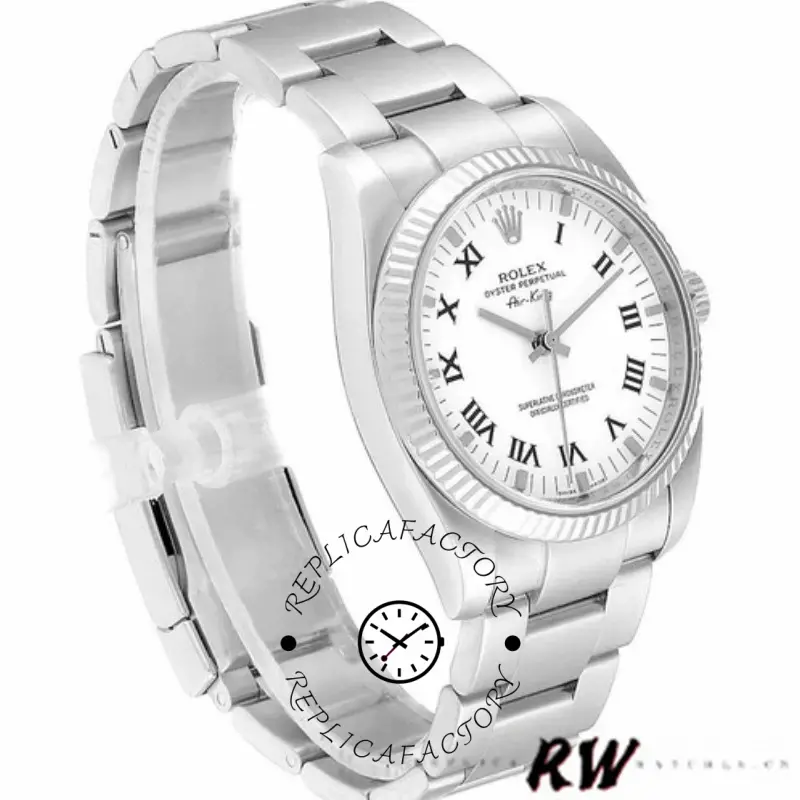 Rolex Air-King 114234, white Roman numeral dial, stainless steel Oyster bracelet, angled front view.