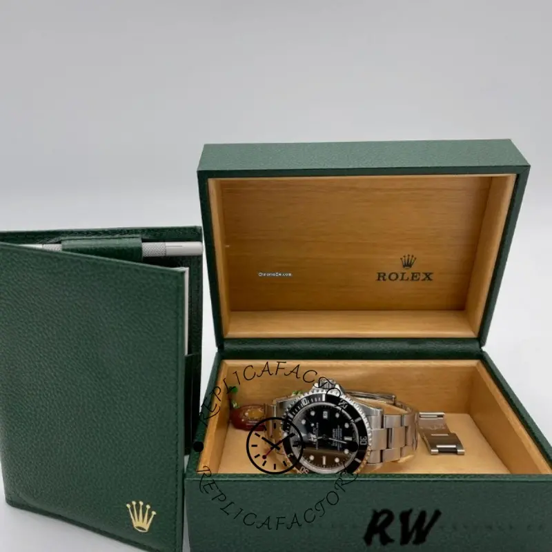 Rolex Sea-Dweller 4000 16600, watch in presentation box, top view.