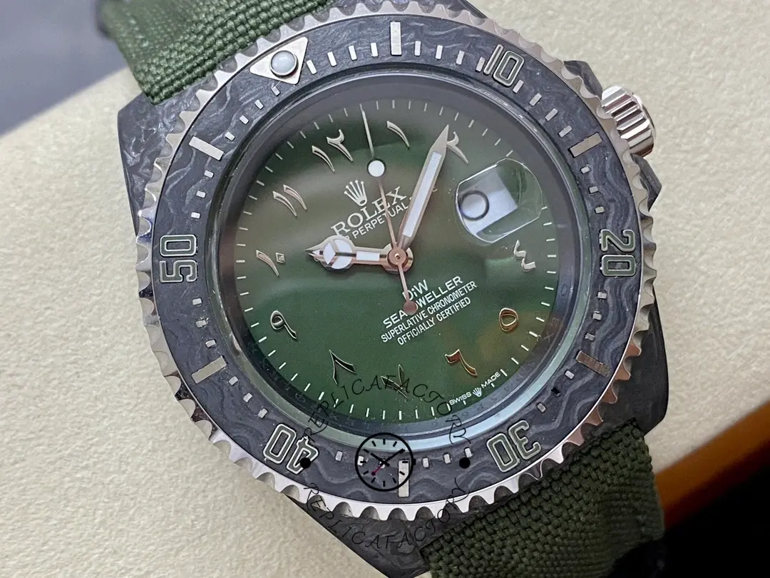 Rolex Sea-Dweller DiW Carbon HUNTER ARABIC angled dial view, green Arabic dial, carbon case texture.