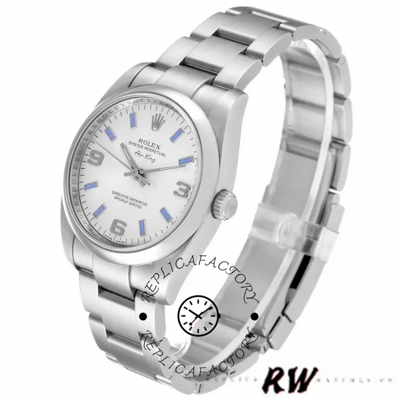 Rolex Air-King 114200, silver dial, side angle with smooth bezel and crown.
