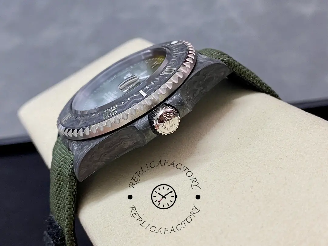 Rolex Sea-Dweller DiW Carbon HUNTER ARABIC crown-side profile, carbon case and bezel, green strap.