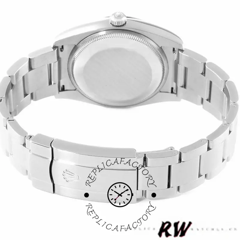 Rolex Air-King 114200 case back view, stainless steel Oyster bracelet and smooth back, rear angle.