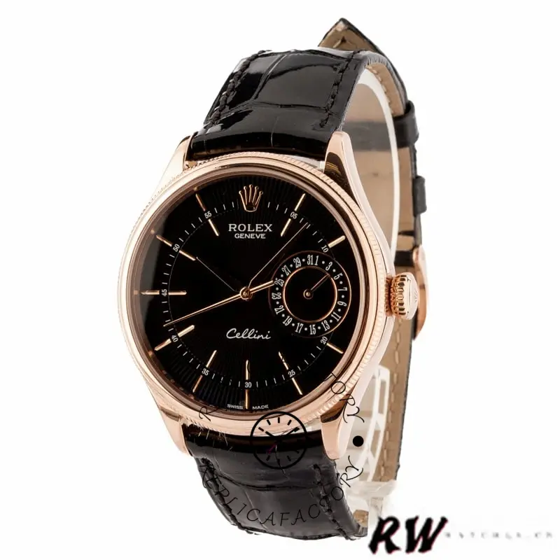 Rolex Cellini Date 50515 angled view, rose gold case, black index dial, black leather strap.