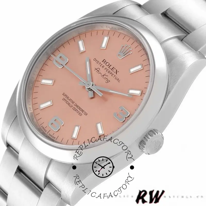 Rolex Air-King 114200 close-up, salmon dial and smooth bezel, stainless steel case detail.