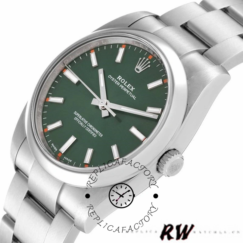 Rolex Oyster Perpetual Air-King 114200, olive green index dial, dial close-up and hands.