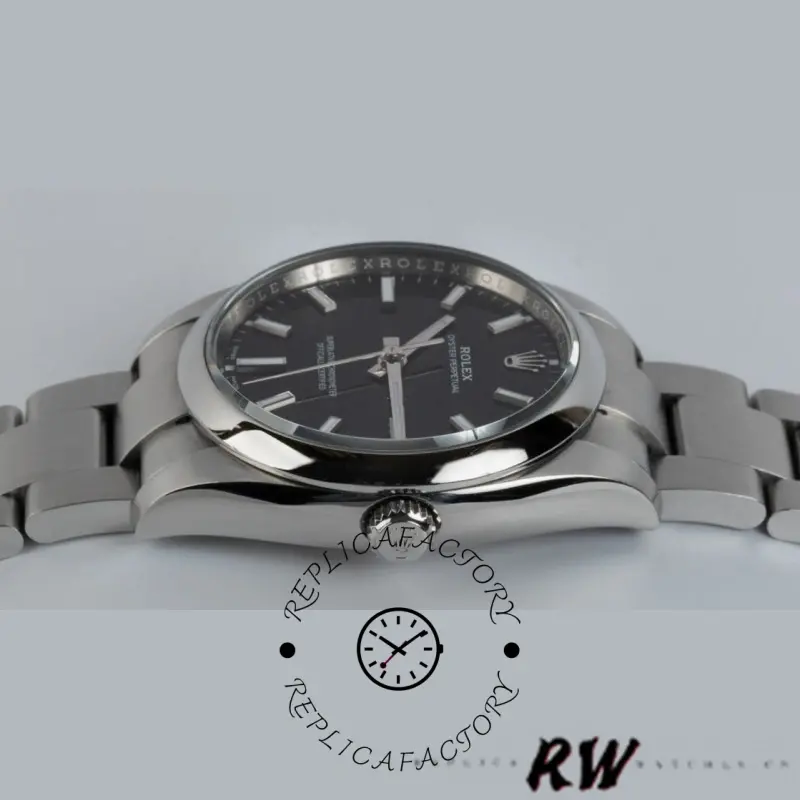 Rolex Air-King 114200, side view showing smooth bezel and crown.