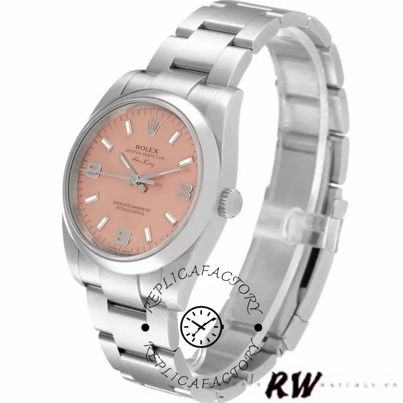 Rolex Air-King 114200, salmon dial, stainless steel bracelet, side angle view.