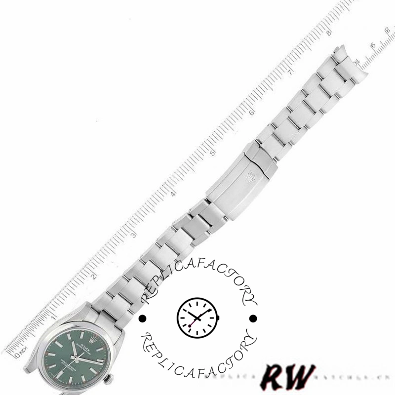 Rolex Oyster Perpetual Air-King 114200, bracelet length view with olive green dial inset.