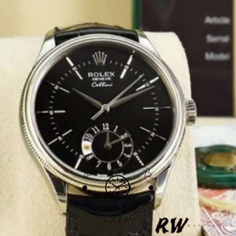 Rolex Cellini Dual Time 50529, black dial close-up with sub-dial and markers.