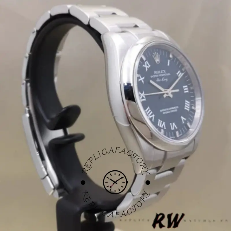 Rolex Oyster Perpetual Air-King 114200, angled side view on stand, blue dial and smooth bezel.