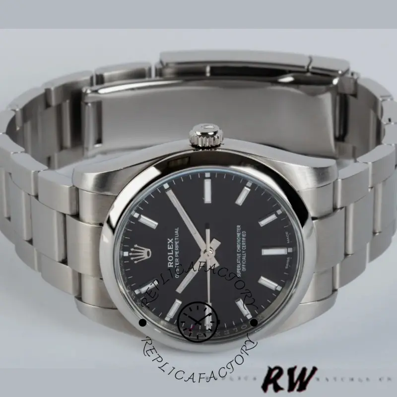 Rolex Air-King 114200, bracelet and clasp view with dial in background.