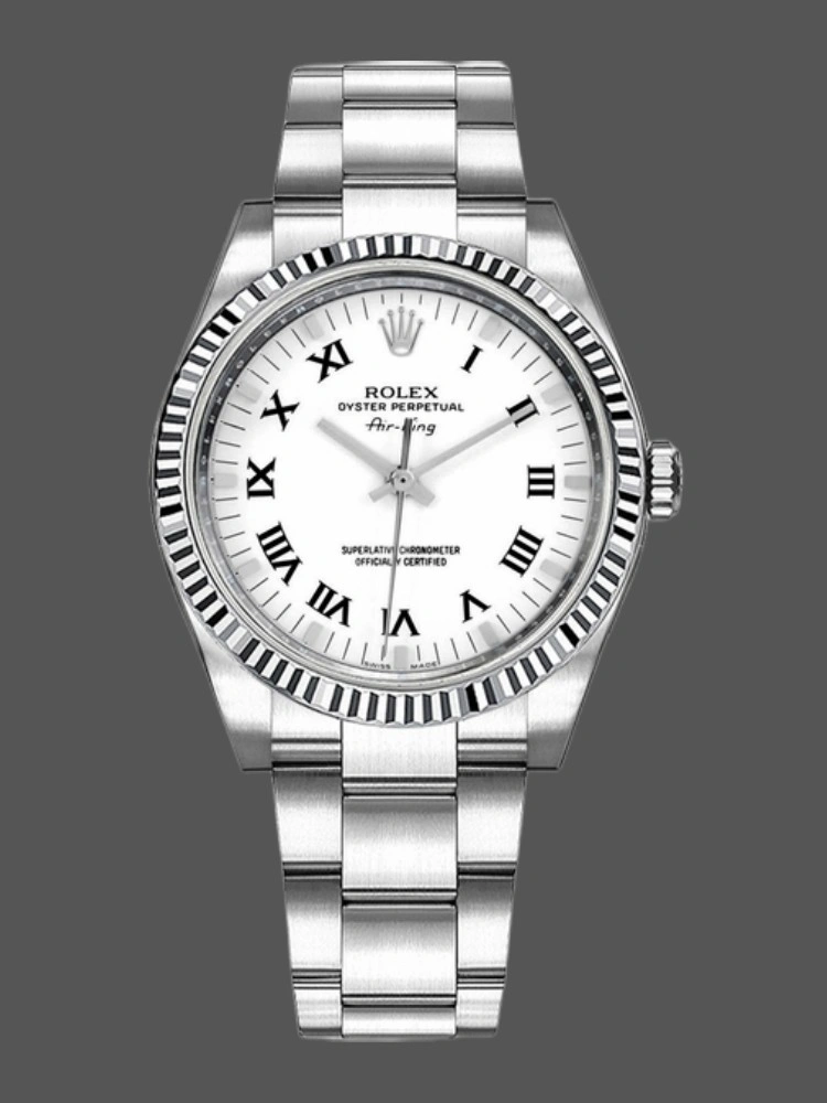 Rolex Air-King 114234, 34mm white dial with Roman numerals, stainless steel Oyster bracelet, front view. - Front view