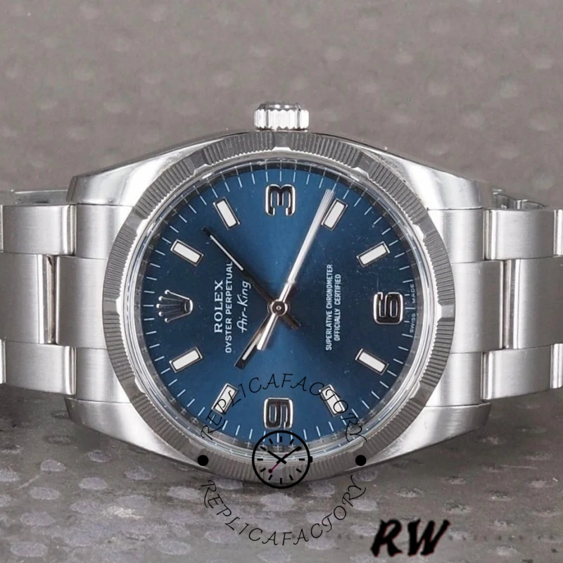 Rolex Oyster Perpetual Air-King 114210, blue dial 34mm, side angle showing case and crown.