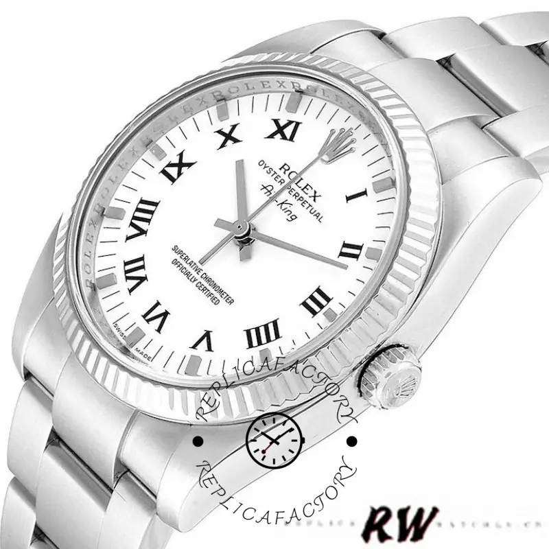 Rolex Air-King 114234 close-up, white Roman numeral dial and fluted bezel, stainless steel case.