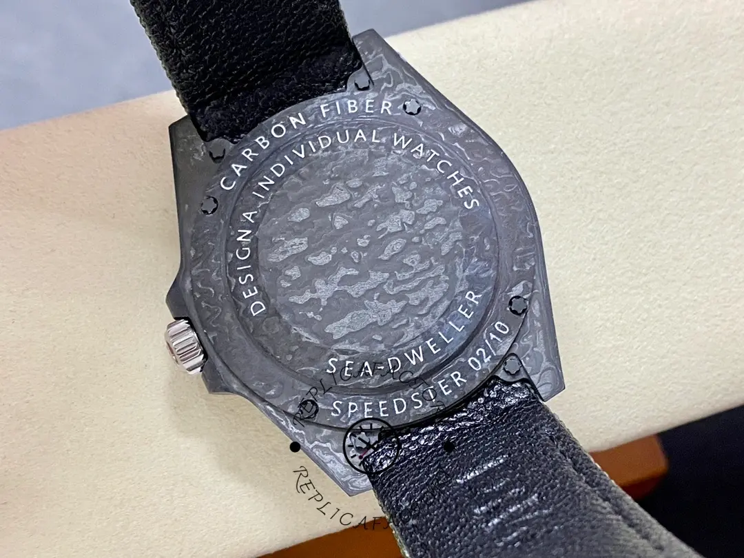 Rolex Sea-Dweller DiW Carbon HUNTER ARABIC case back view, engraved back, carbon case, strap attached.