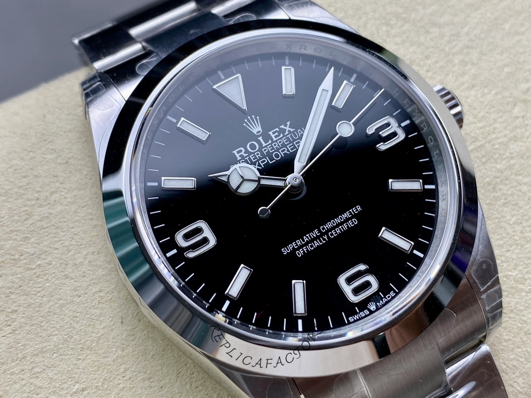 Rolex Explorer 124270 0001, angled dial close-up with smooth bezel.